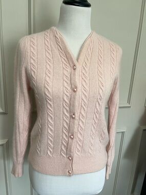 Lauren Cole Petites Pink Pearl-Button Cable Knit Cardigan